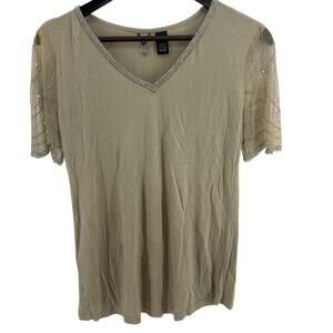 BKE Boutique Top XS Beige Beaded Sleeves Embellished Dressy Blouse Women’s